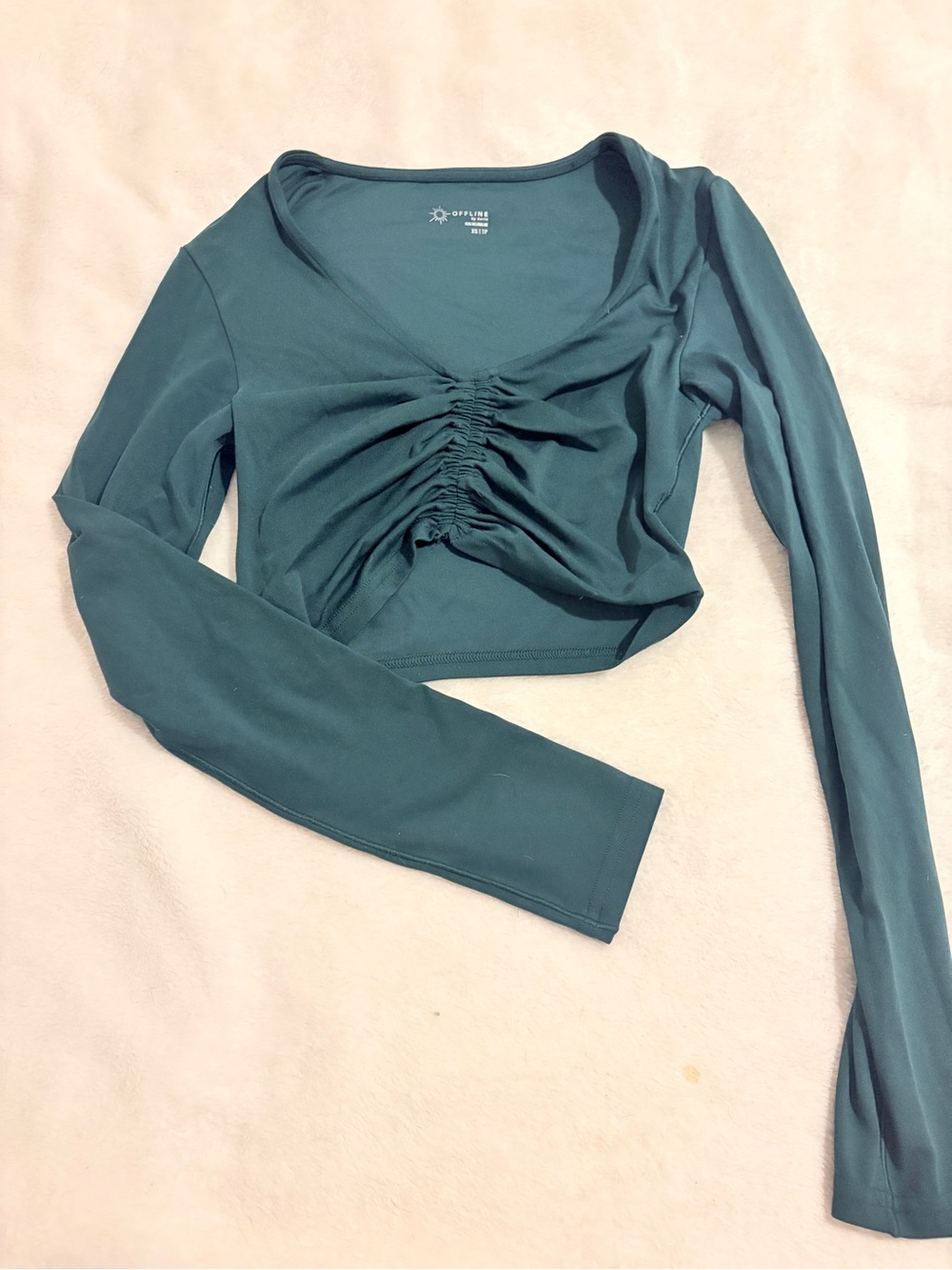 Aerie Teal Ruched Long Sleeve Crop Top
